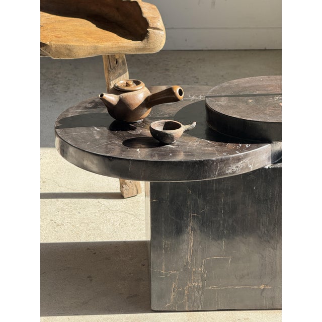 Coffee Table in Brown Petrified Wood with Double Circular Top on Cubic Base, Indonesia, 1980s For Sale - Image 14 of 16