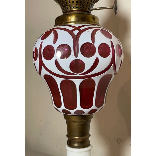White Antique Boston Sandwich Glass Cut to Clear Cranberry White Electrified Oil Lamp For Sale - Image 8 of 15