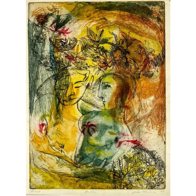 Mid-Century Modern 1949 John Kacere Lovers Color Etching For Sale - Image 3 of 3
