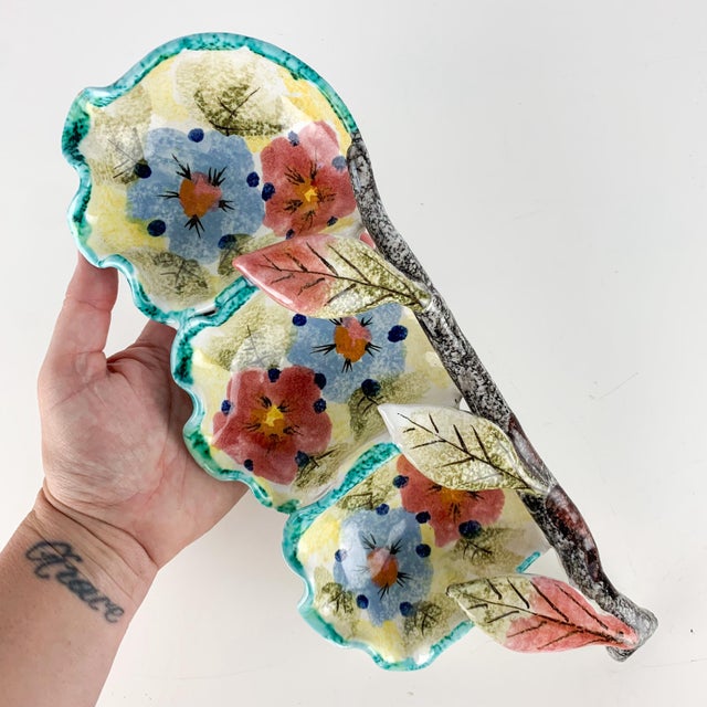 Beautiful vintage Italian pottery divided dish with hand painted flowers/leaves and branch. Love the details. Bottom...