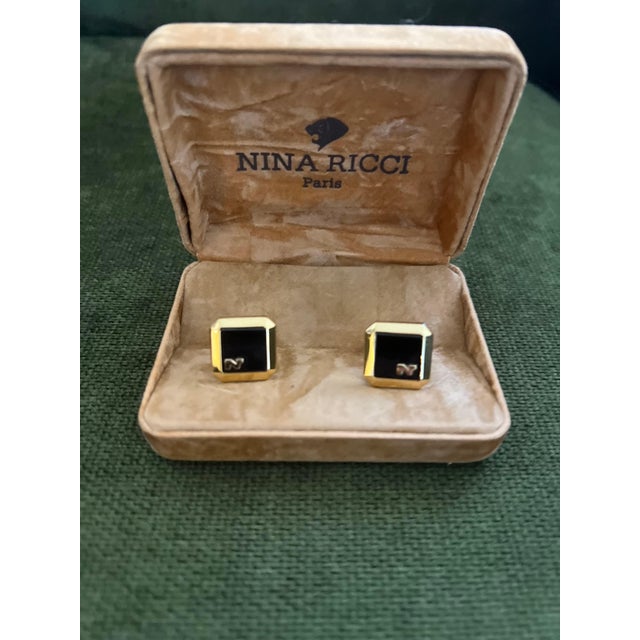 Rare Vintage Nina Ricci Set Gold-Tone Cufflinks Logo Circa "1980" Original Velvet Pinkish Champagne velvet Case Circa...