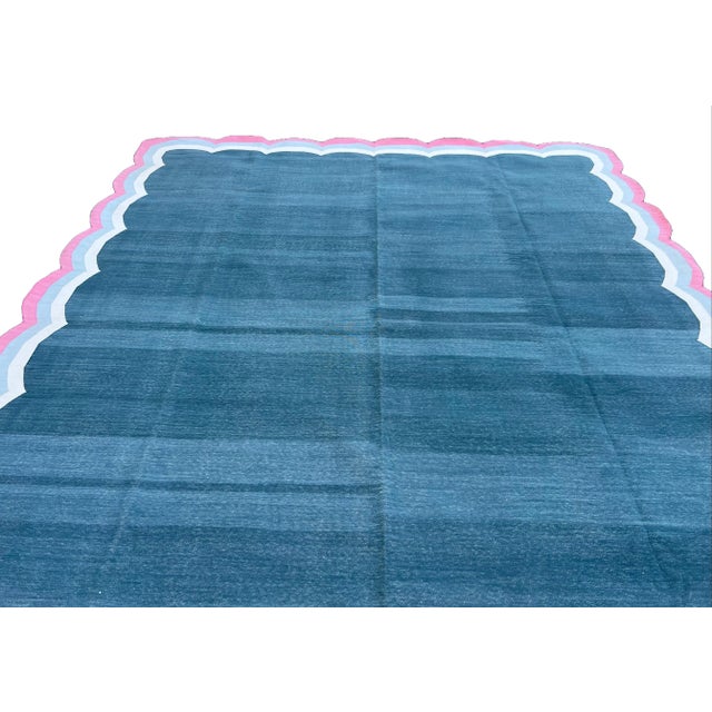Textile Handmade Cotton 4 Sided Scalloped Rug Celadon Blue With Cream and Pink Border - 9'x12' For Sale - Image 7 of 10