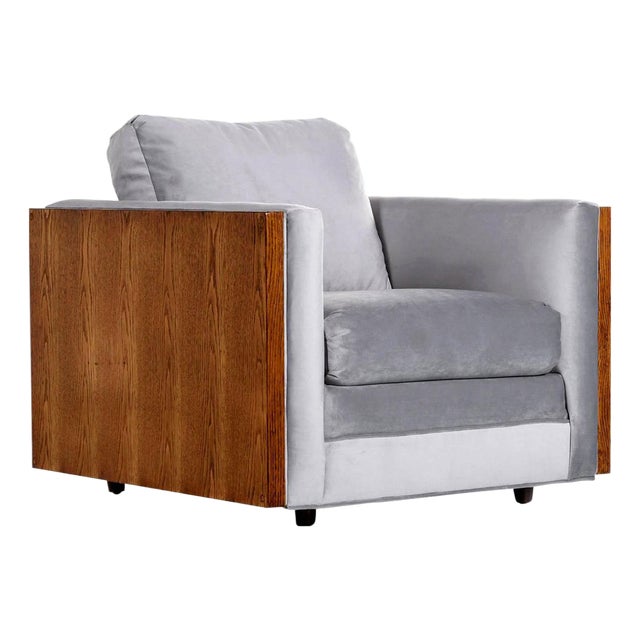 Restored 1970s Milo Baughman Style Gray Cube Chair With Wood Sides For Sale