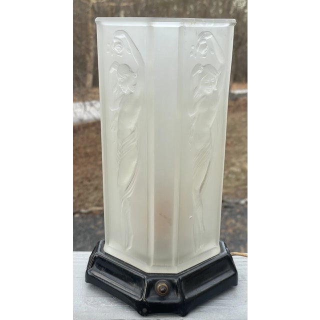 Antique Art Deco Tiffin Frost Glass Torchiere Lamp 1920 Nude Nouveau For Sale - Image 6 of 15