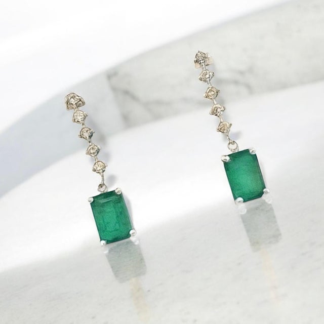 Natural Emerald Diamond Dangle Earrings 14k W Gold 3 TCW Certified For Sale - Image 4 of 10
