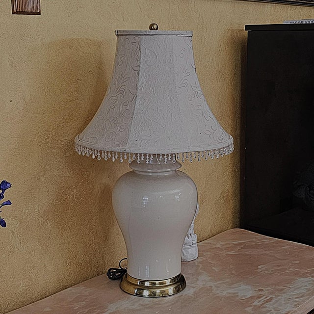 Vintage American Ivory Glazed Ceramic Table Lamp With Brass Base and Embossed Bell Shade For Sale - Image 17 of 18