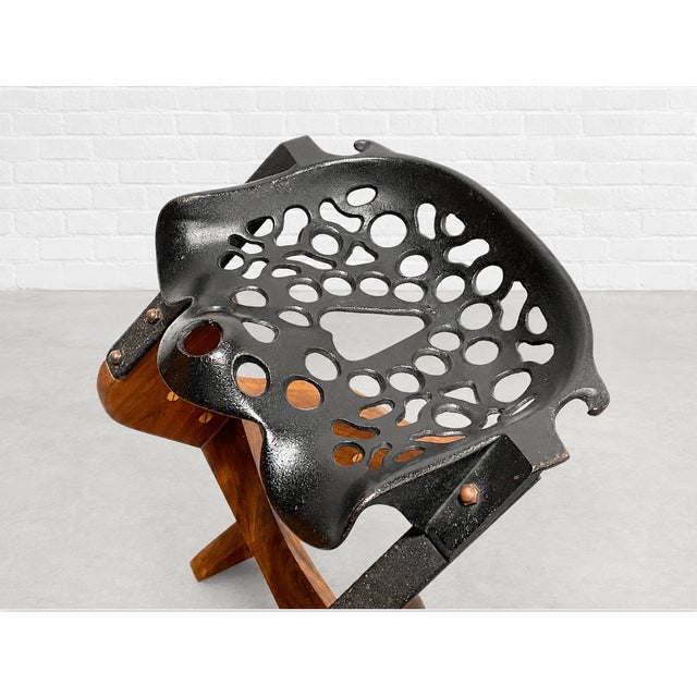Brown Studio Made Handcrafted Solid Walnut + Cast Iron Tractor Seat Stool / Chair For Sale - Image 8 of 10