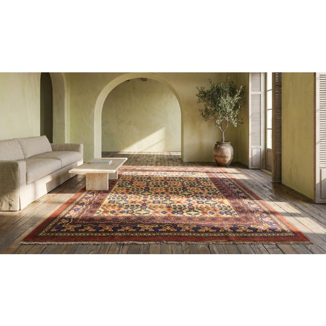 Textile 1850s Orange Apricot Flowers Antique Central Asian Yarkand Rug 8' 3"x 9' 8" Handknotted Wool Carpet For Sale - Image 7 of 8