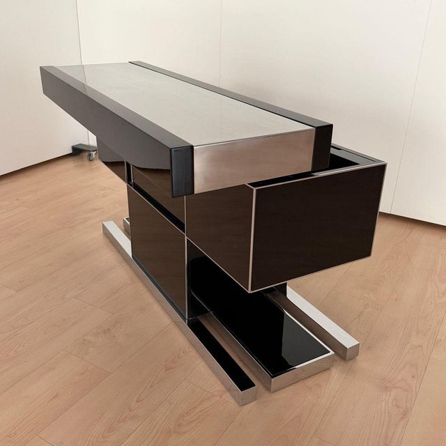 Convertible Bar and Stools in Black Lacquer, Chrome & Leather, Italy, 1970s, Set of 3 For Sale - Image 17 of 18