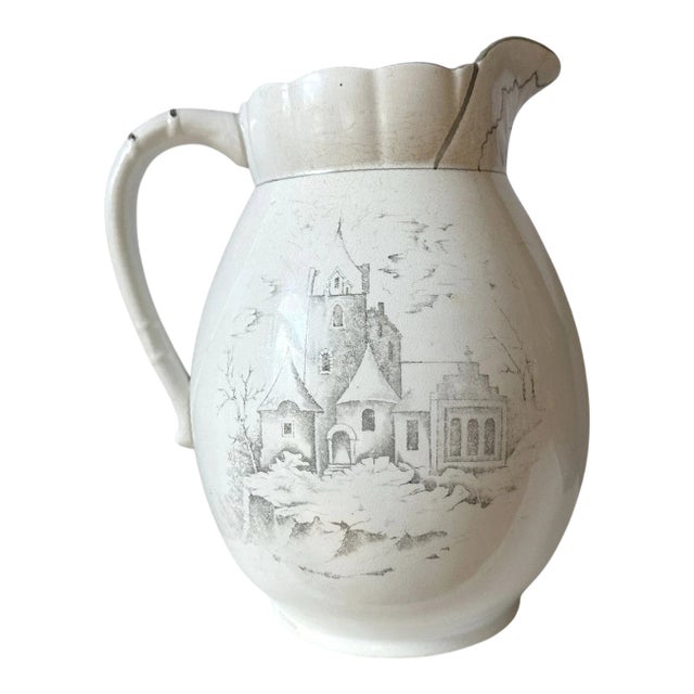 Large 1895 Antique Victorian Dresden Ironstone Creamware Pitcher -Rare Backstamp For Sale