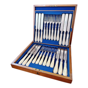 Antique Mother of Pearl and Silver Plated Flatware Service for 12
