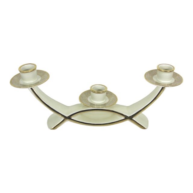 Mid Century Modern Cream and Gold Ceramic Candelabra Three Arm Candleholder Bavaria Gerold Porzellan For Sale