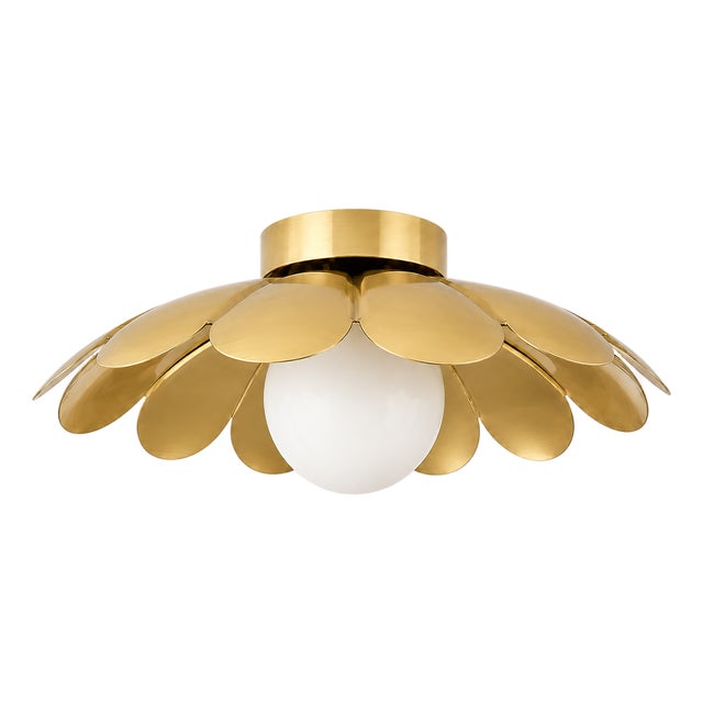Brass Polished Flower Ceiling Light, Mid Century Modern Flush Mount Light, Daisy Ceiling Lamp, Frosted Glass Globe Fixture For Sale