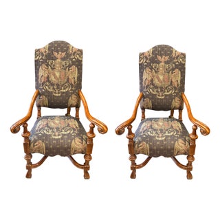 Pair of Late 20th Century Upholstered Armchairs With Heraldic Fabric For Sale