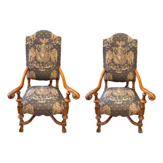 Pair of Late 20th Century Upholstered Armchairs With Heraldic Fabric For Sale