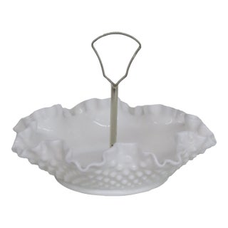 Mid 20th Century Fenton White Milk Glass Ruffled Edge Hobnail Candy Dish With Metal Handle For Sale