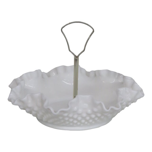Mid 20th Century Fenton White Milk Glass Ruffled Edge Hobnail Candy Dish With Metal Handle For Sale
