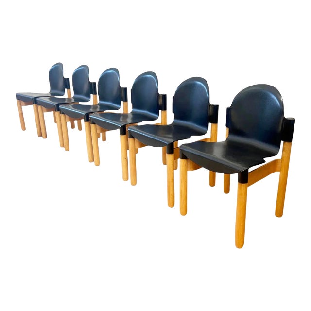 Set of 6 (More Avail.) Postmodern 1980s Flex 2000 Stacking Chairs by Gerd Lange for Thonet, Ash + Beech Wood and Black For Sale
