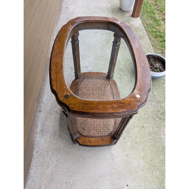 Brown Vintage Two Tier Oval Glass Wood Woven Cane End Table Mid Century Neoclassical. For Sale - Image 8 of 13