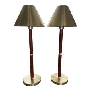 Ralph Lauren Leather Wrapped and Brushed Brass Tall Buffet Lamps, a Pair For Sale