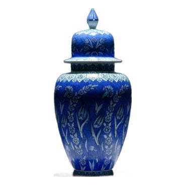 Handmade Ceramic Shah Vase with Lid (30cm) Deep Blue Saz Style Floral Lidded Jar For Sale