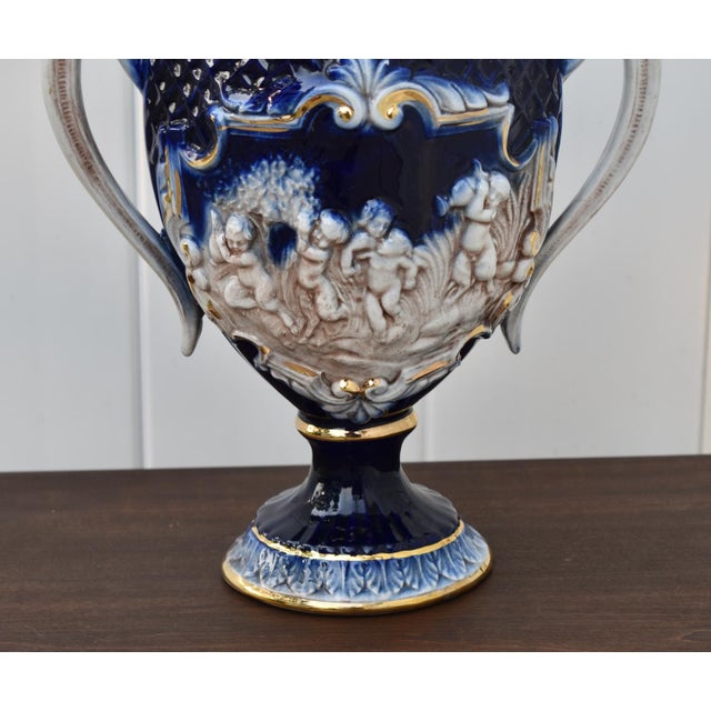 Italian Ceramic Lidded Urn Capodimonte Cobalt Blue Gold Relief Cherubs 70s For Sale - Image 12 of 16