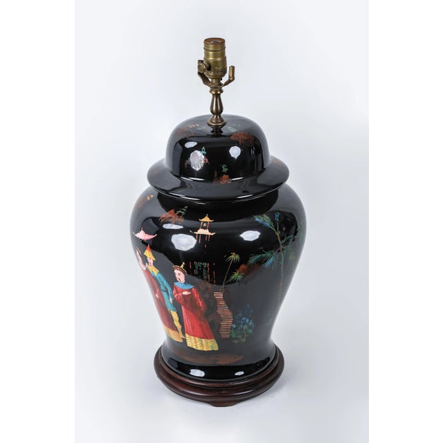 Hand-Painted Chinoiseries Black Temple Jar Table Lamp For Sale - Image 4 of 10