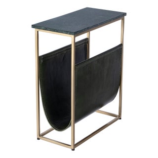 Edie 17.5 in. W Rectangular Marble and Leather Narrow Magazine Side Table, Green Marble For Sale