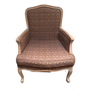 1980s French Louis XV–Style Bergère Lounge Chair With Whitened Frame & Geometric Upholstery For Sale