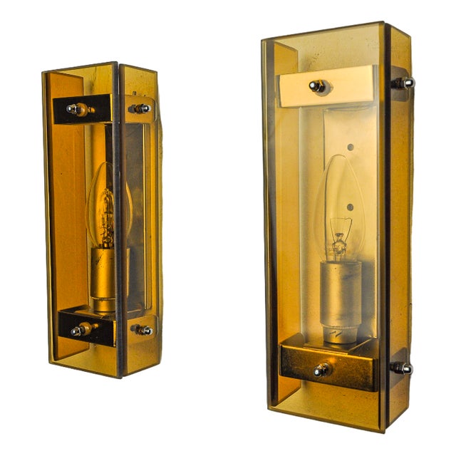 Brown Veca Wall Lights in Beveled Glass, 1970, Set of 2 For Sale