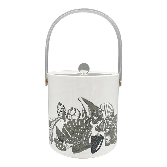 Vintage White and Gray Shell Ice Bucket – Coastal Barware With Lucite Handle For Sale