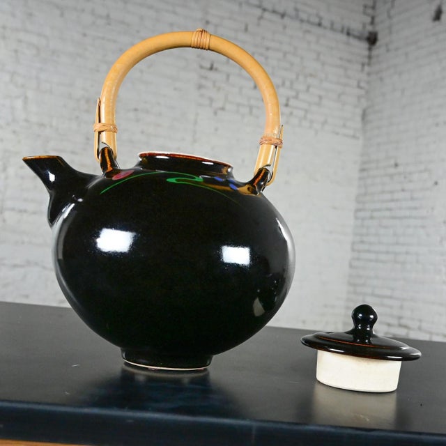 Late 20th Century Contemporary Asian Dark Brown Glazed Ceramic Teapot With Wrapped Rattan Handle For Sale - Image 11 of 12