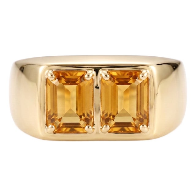 Natural Citrine Emerald Cut Ring | Chunky Two Stone Signet Unisex Ring | November Birthstone Ring Us 7 (All Sizes Available) For Sale