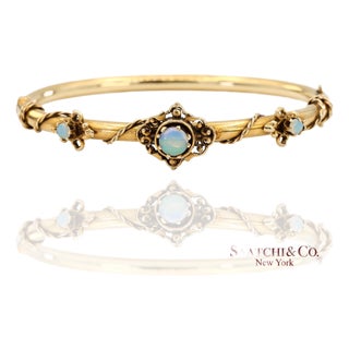 Vintage 14k 585 Solid Yellow Gold Natural Opal Bangale Bracelet For Sale
