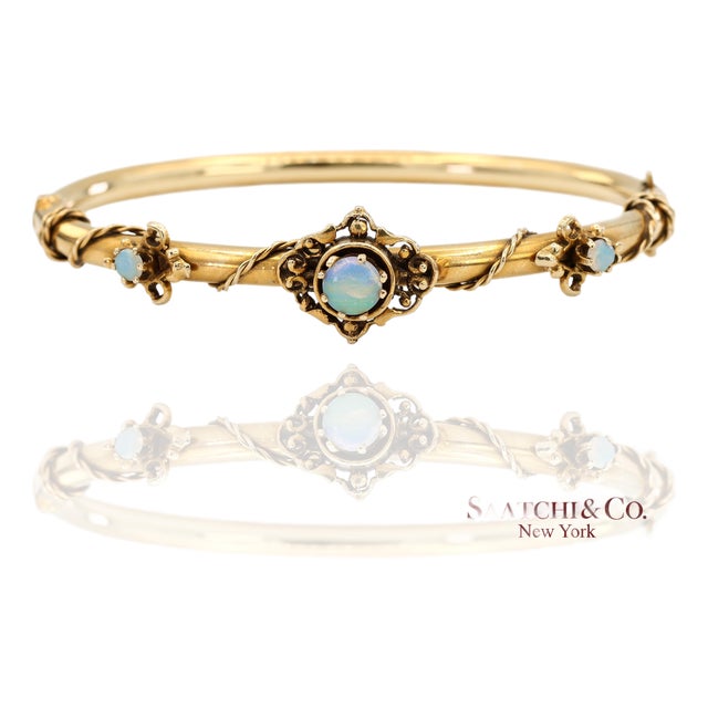 Vintage 14k 585 Solid Yellow Gold Natural Opal Bangale Bracelet For Sale