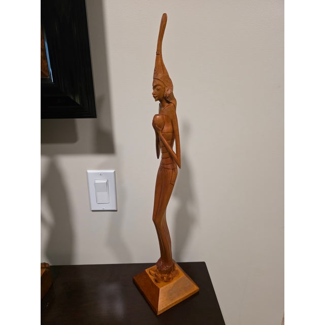 Art Deco Large 22" Mid-Century Balinese Art Deco Elongated Maiden With Water Vessel Masterwork Sculpture For Sale - Image 3 of 12