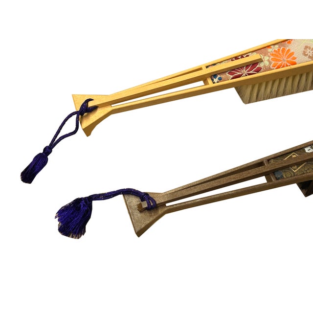 Wood Pair Oriental Fabric Wood Handle Cloth Brushes Display Decor Art For Sale - Image 7 of 9
