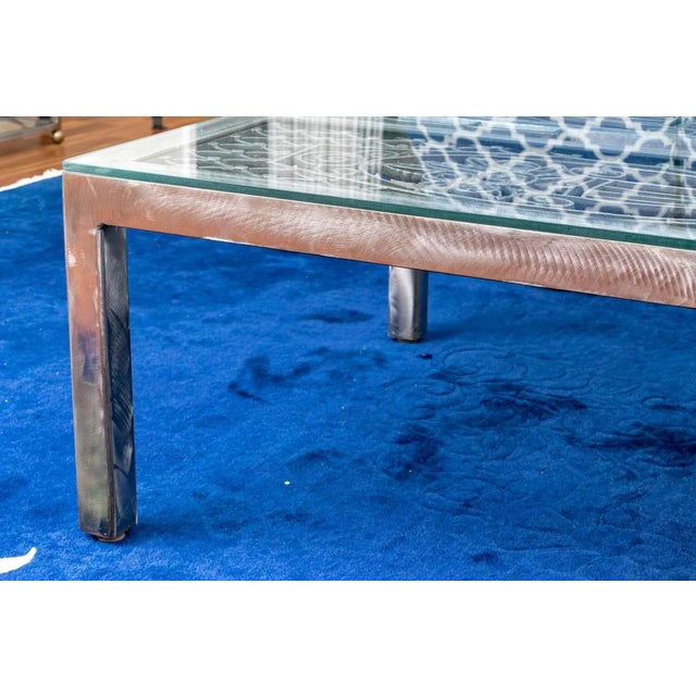 Silver 1990s Vintage Brushed Steel Glass Top Coffee Table For Sale - Image 8 of 11