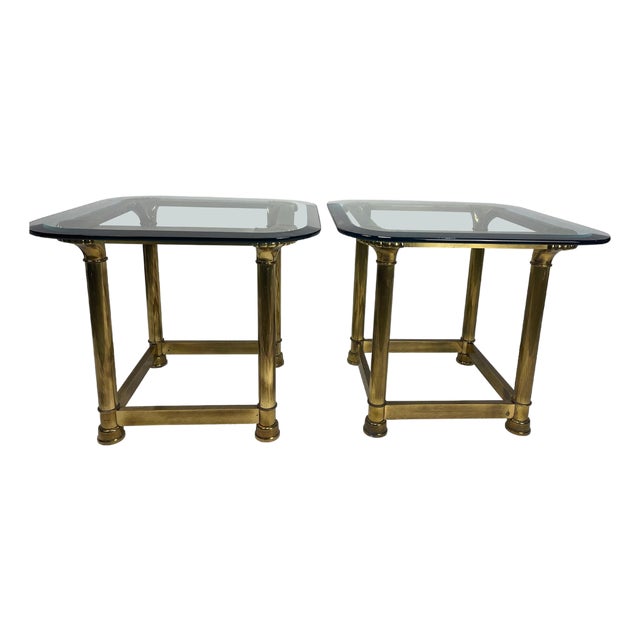 1950's Brass and Glass Side Tables with Shell Decoration - A Pair For Sale