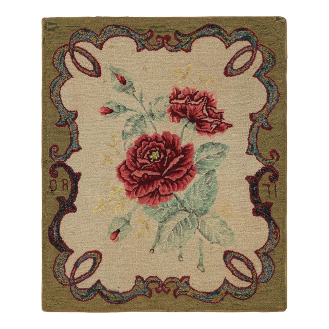 Antique Hooked Square Rug in Beige With Floral Medallion, From Rug & Kilim For Sale