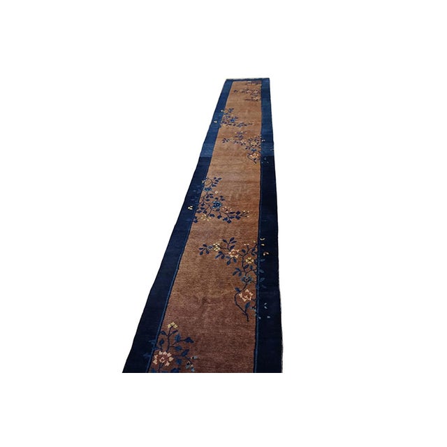 Art Deco 1920s Antique Brown Open Field Wool Floral Peking Chinese Hallway Runner Rug For Sale - Image 3 of 7