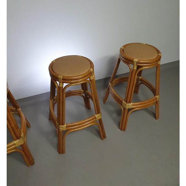 Bamboo Stools with Leather Seats, 1970s, Set of 3 For Sale - Image 15 of 15