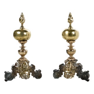 Brass and Wrought Iron Andirons, Set of 2 For Sale