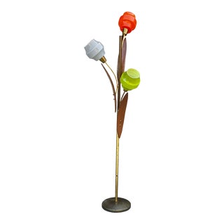 Mid-Century Scandinavian Modern Sculpted Walnut Tri-Color Ufo Glass Floor Lamp For Sale