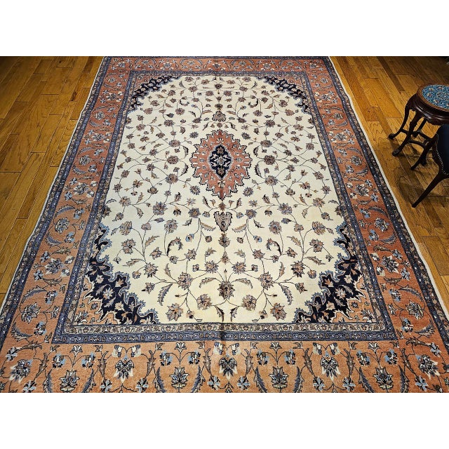 Vintage Tabriz Rug, Hand-Knotted Wool, Floral Medallion Pattern, Ivory & Terracotta, 9x13 For Sale - Image 10 of 13