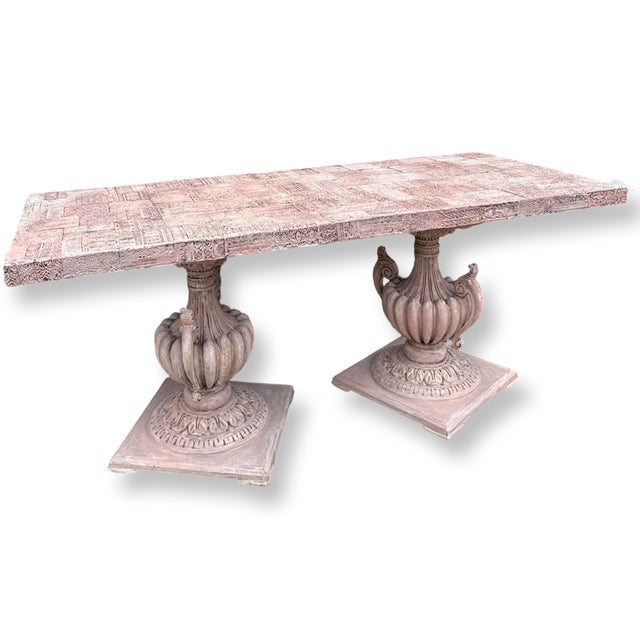 Antique Italian Dinning Table iWith two supports with a Pair of Carved Wood Patinated Urns carved on both sides. The top...