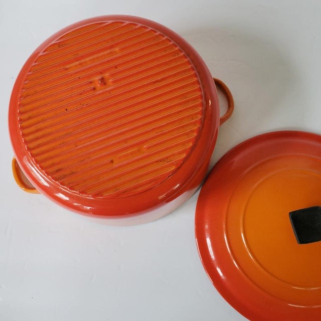 Vintage Mid Century Le Creuset Flame Orange Dutch Oven Pot With Lid