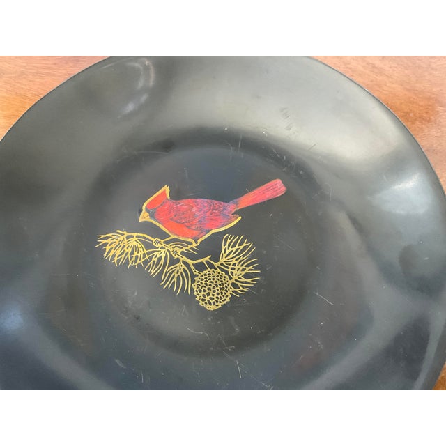 Plastic Mid 20th Cerntury Couroc of Monterrey Black Utility Dish Inlaid With Cardinal For Sale - Image 7 of 12