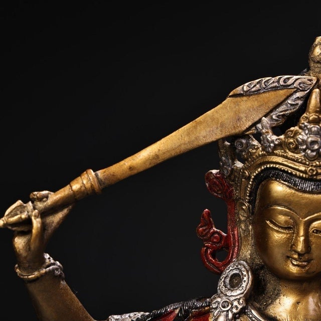 Metal Late 20th Century Gilt Bronze Manjushri Statue Bodhisattva Sword Lotus Sculpture 7.9" For Sale - Image 7 of 9