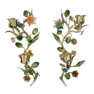 Vintage Colorful Floral Tole Style Wall Candle Sconces, Pair For Sale